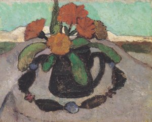 Stilleven met goudsbloemen voor landschap
